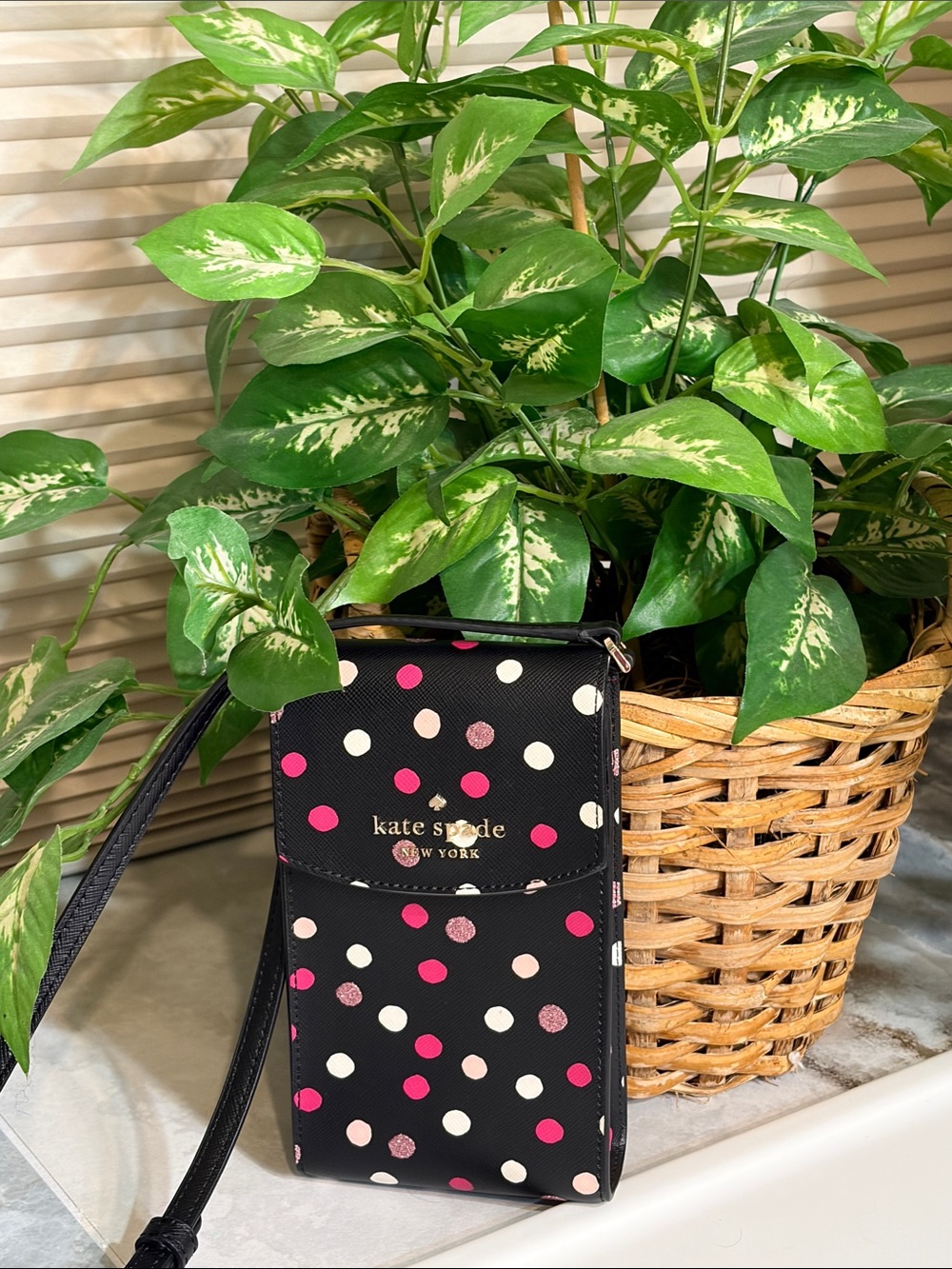 Kate Spade Black Staci Glimmer flap phone crossbody